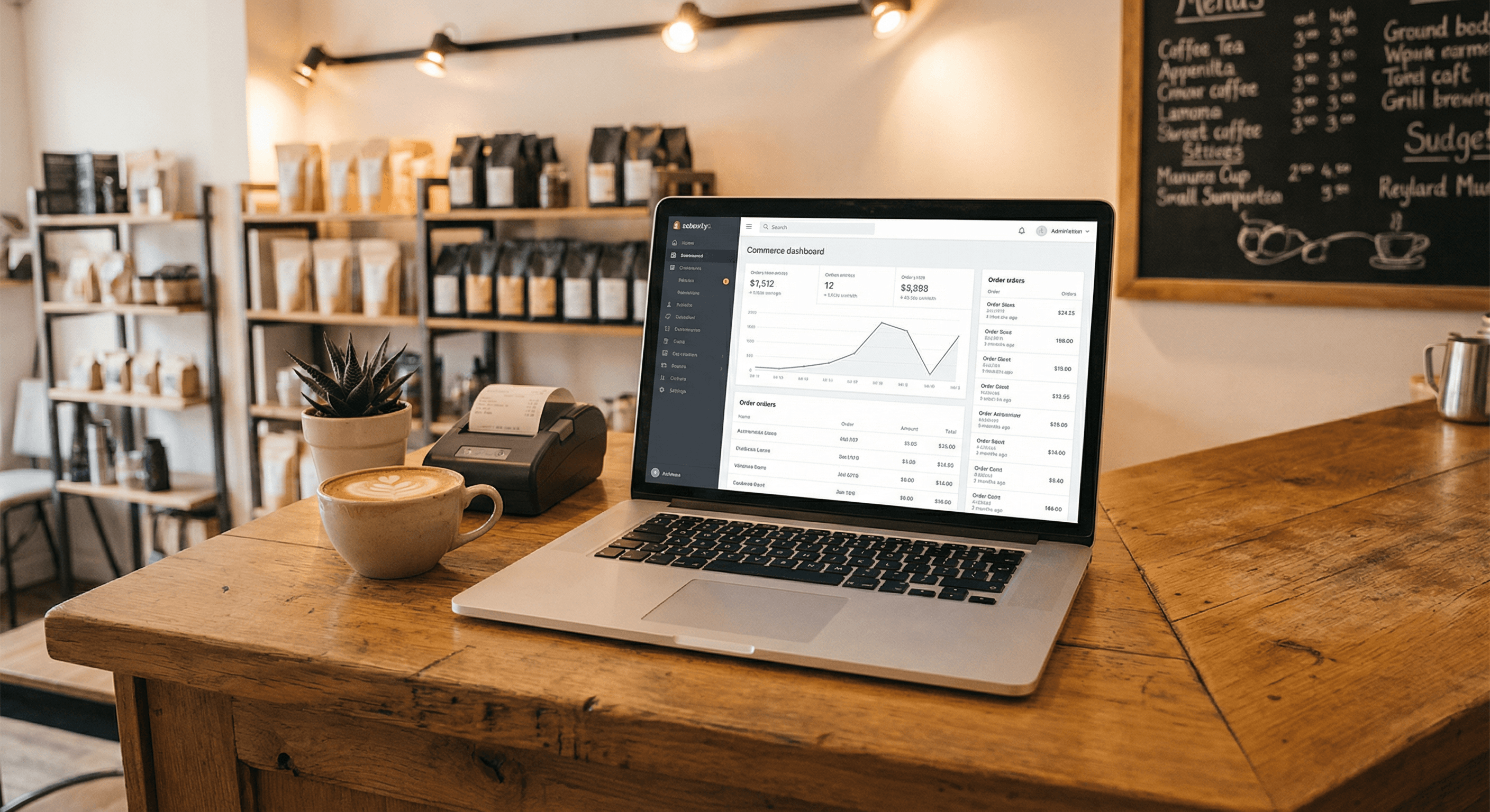 Commerce dashboard on a laptop in a Malaysian cafe setting